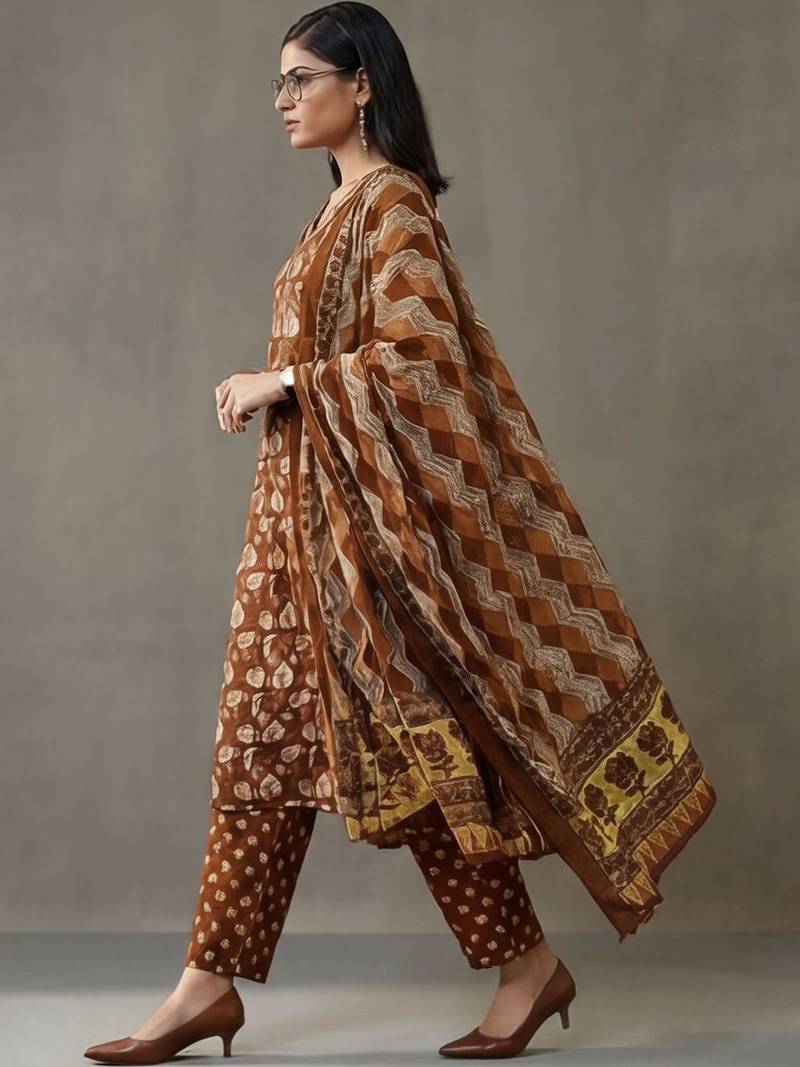 structured women floral printed regular thread work cotton kurta with trousers & with dupatta