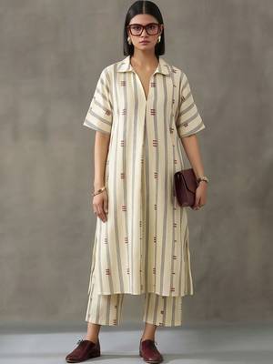 everyday workwear women striped regular cotton kurta with trousers 1