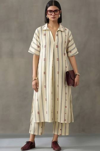 everyday workwear women striped regular cotton kurta with trousers
