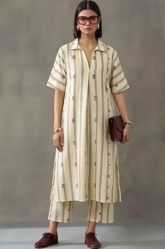 everyday workwear women striped regular cotton kurta with trousers