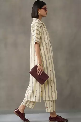 everyday workwear women striped regular cotton kurta with trousers