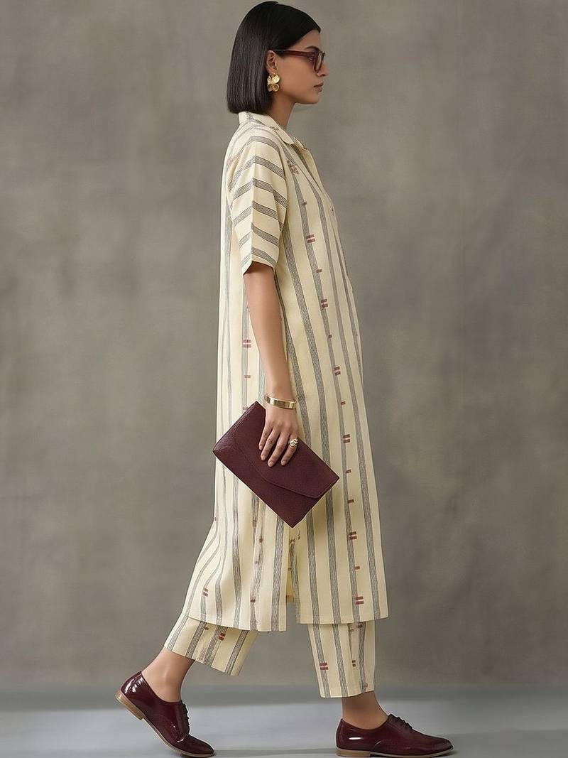 everyday workwear women striped regular cotton kurta with trousers
