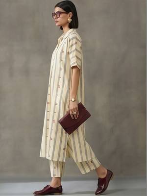 everyday workwear women striped regular cotton kurta with trousers 6
