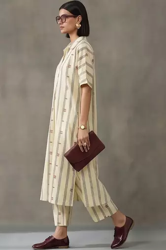 everyday workwear women striped regular cotton kurta with trousers