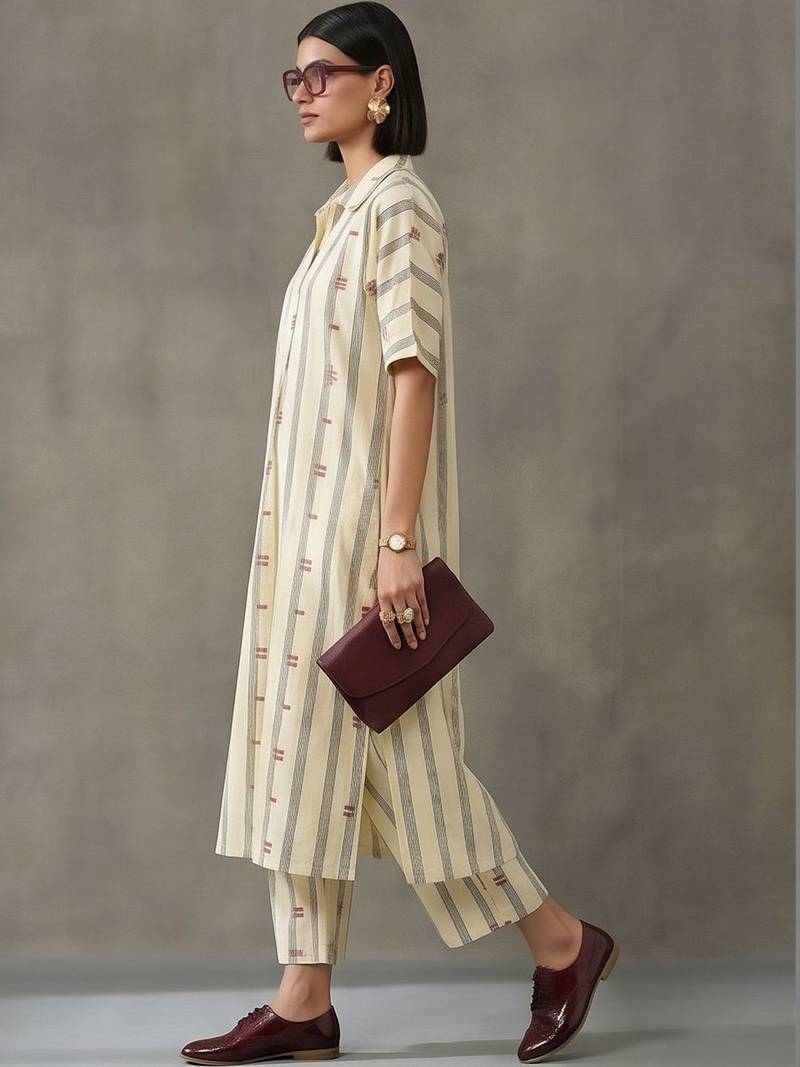 everyday workwear women striped regular cotton kurta with trousers