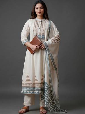 workwear women printed regular kurta with trousers & with dupatta 1