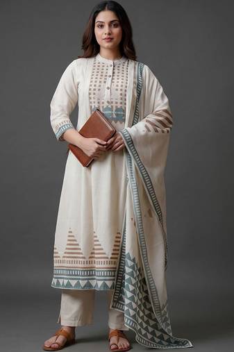 workwear women printed regular kurta with trousers & with dupatta