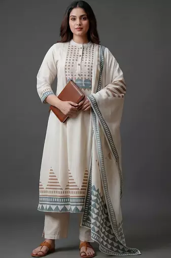 workwear women printed regular kurta with trousers & with dupatta