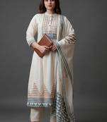 workwear women printed regular kurta with trousers & with dupatta