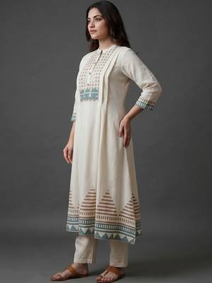 workwear women printed regular kurta with trousers & with dupatta 2