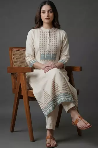 workwear women printed regular kurta with trousers & with dupatta