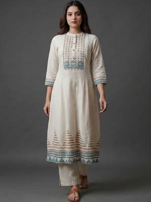 workwear women printed regular kurta with trousers & with dupatta 5