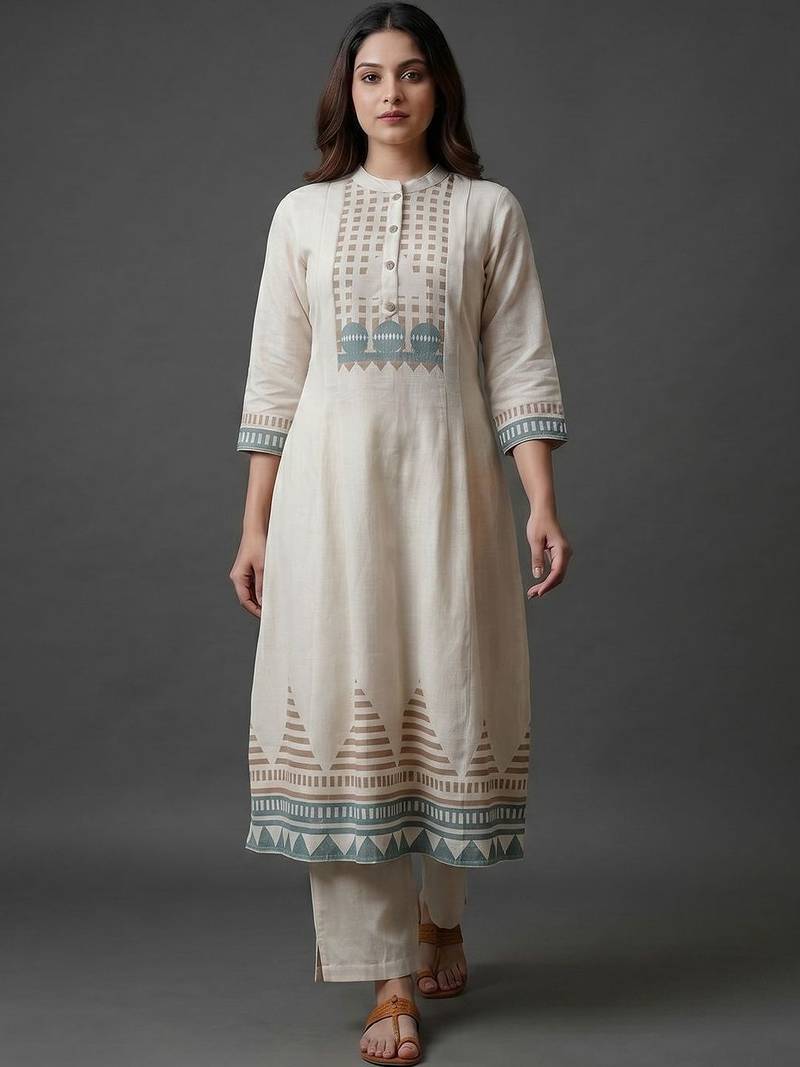 workwear women printed regular kurta with trousers & with dupatta