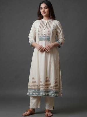 workwear women printed regular kurta with trousers & with dupatta 6