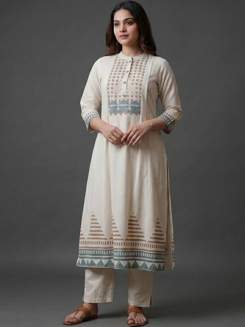 workwear women printed regular kurta with trousers & with dupatta