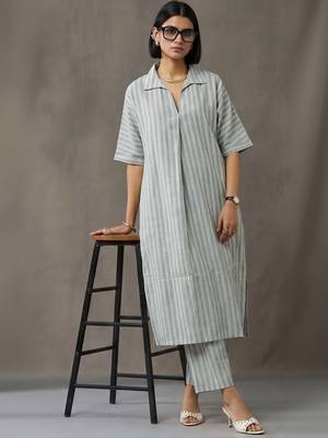 smart women striped regular cotton kurta with trousers 1
