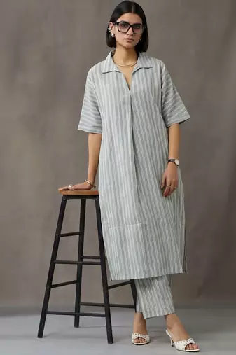 smart women striped regular cotton kurta with trousers