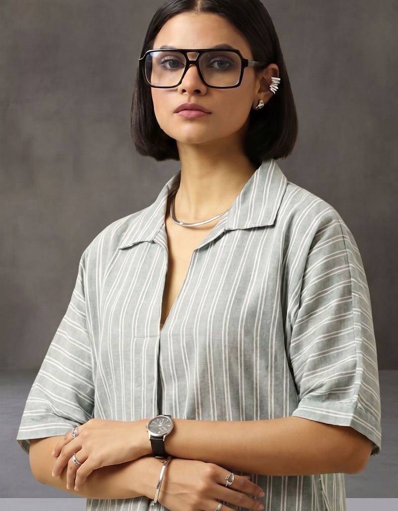 smart women striped regular cotton kurta with trousers