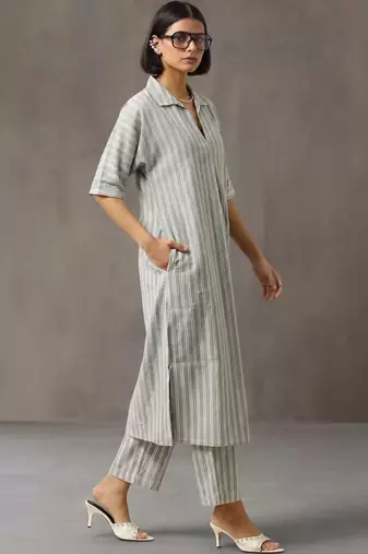 smart women striped regular cotton kurta with trousers