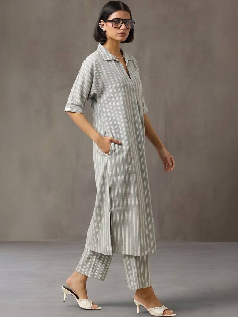 smart women striped regular cotton kurta with trousers