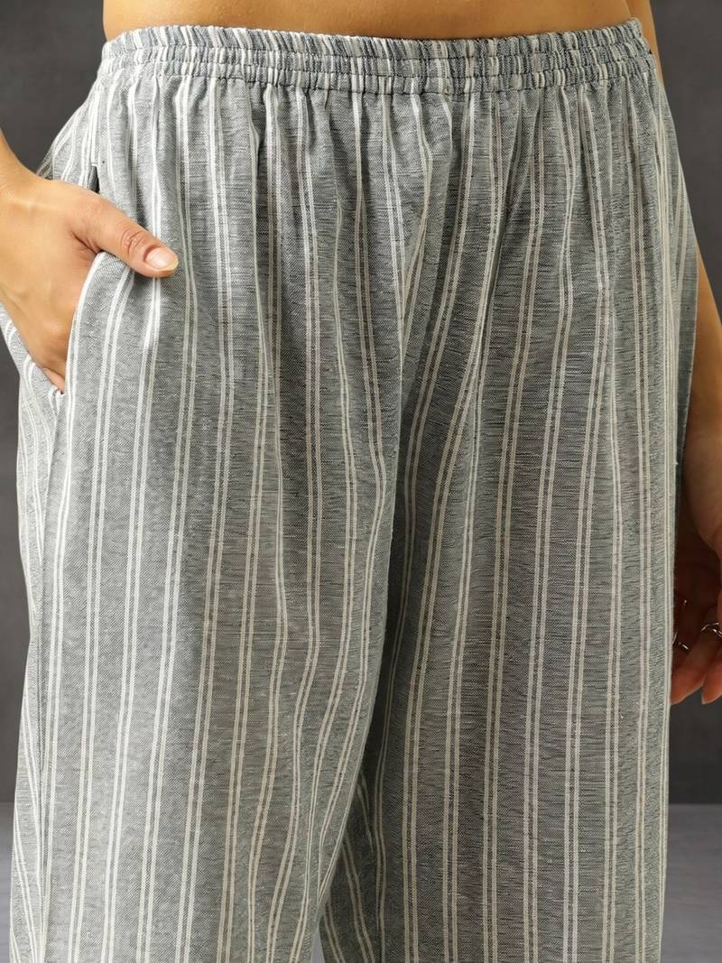 smart women striped regular cotton kurta with trousers
