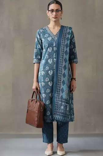 everyday workwear women ethnic motifs printed regular cotton kurta with trousers & with dupatta