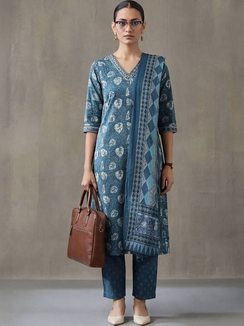 everyday workwear women ethnic motifs printed regular cotton kurta with trousers & with dupatta