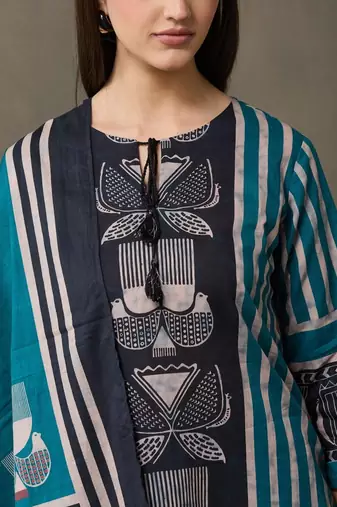 women ethnic motifs printed regular cotton kurta with trousers & with dupatta