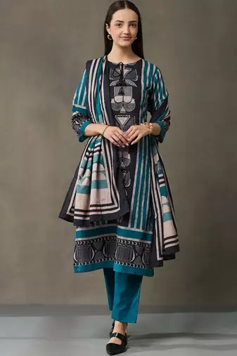 women ethnic motifs printed regular cotton kurta with trousers & with dupatta