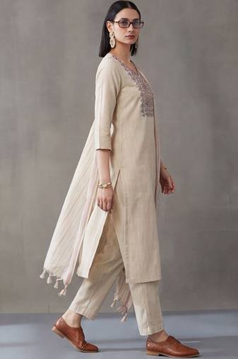 tailored women work motifs thread work cotton kurta with trousers & dupatta