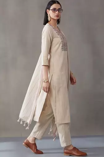 tailored women work motifs thread work cotton kurta with trousers & dupatta