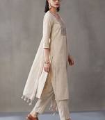 tailored women work motifs thread work cotton kurta with trousers & dupatta