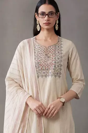 tailored women work motifs thread work cotton kurta with trousers & dupatta