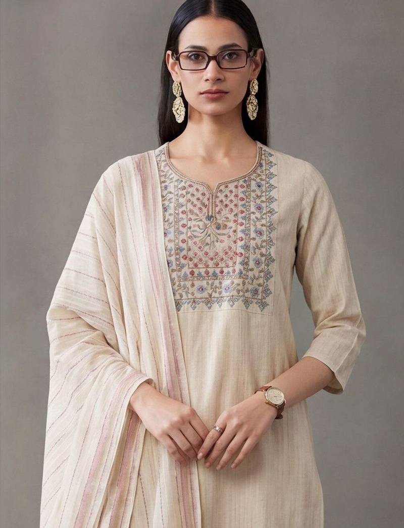 tailored women work motifs thread work cotton kurta with trousers & dupatta