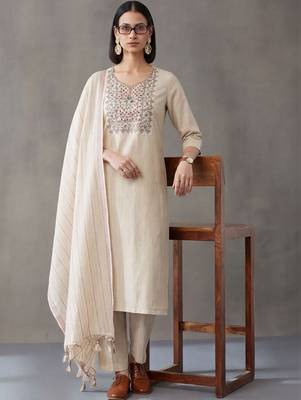 tailored women work motifs thread work cotton kurta with trousers & dupatta 3