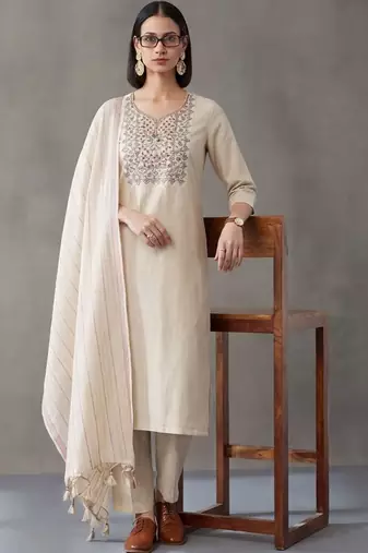tailored women work motifs thread work cotton kurta with trousers & dupatta