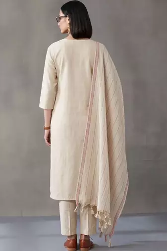 tailored women work motifs thread work cotton kurta with trousers & dupatta