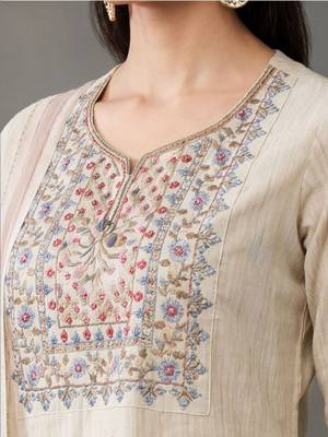tailored women work motifs thread work cotton kurta with trousers & dupatta 5