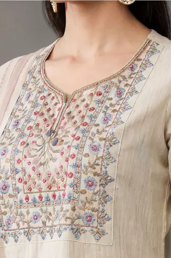 tailored women work motifs thread work cotton kurta with trousers & dupatta