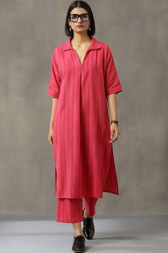 smart women striped regular cotton kurta with trousers