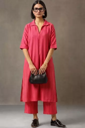 smart women striped regular cotton kurta with trousers