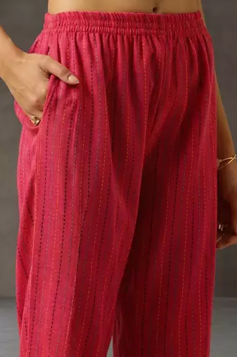 smart women striped regular cotton kurta with trousers