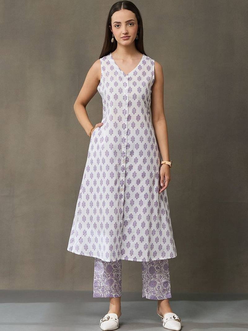 structured workwear women ethnic motifs printed regular cotton kurta with trousers