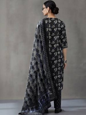 everyday workwear women ethnic motifs printed regular thread work cotton kurta with trousers & with dupatta 3