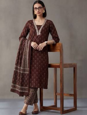 workwear women ethnic motifs printed regular thread work cotton kurta with trousers & with dupatta 1