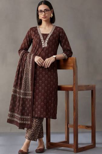 workwear women ethnic motifs printed regular thread work cotton kurta with trousers & with dupatta