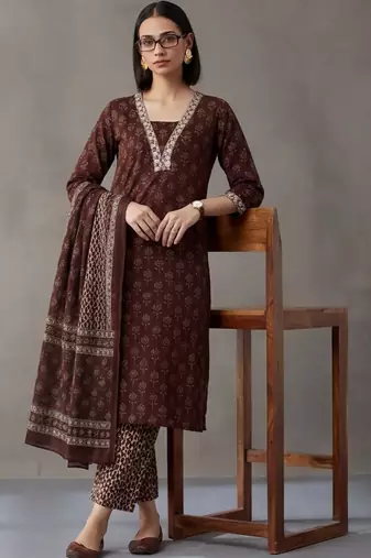 workwear women ethnic motifs printed regular thread work cotton kurta with trousers & with dupatta