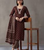 workwear women ethnic motifs printed regular thread work cotton kurta with trousers & with dupatta