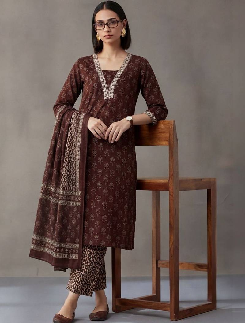 workwear women ethnic motifs printed regular thread work cotton kurta with trousers & with dupatta