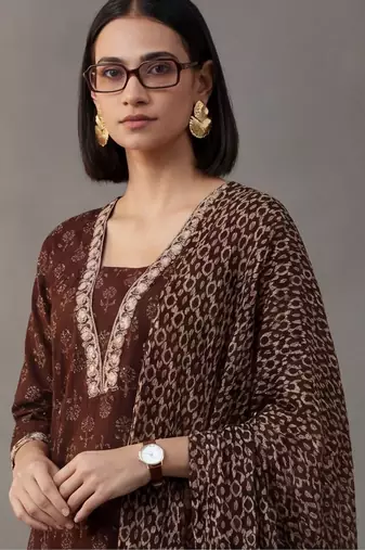 workwear women ethnic motifs printed regular thread work cotton kurta with trousers & with dupatta
